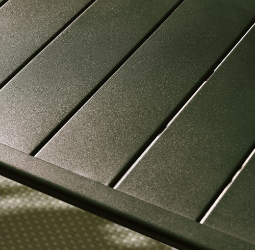 close up detail of a green metal garden tabletop