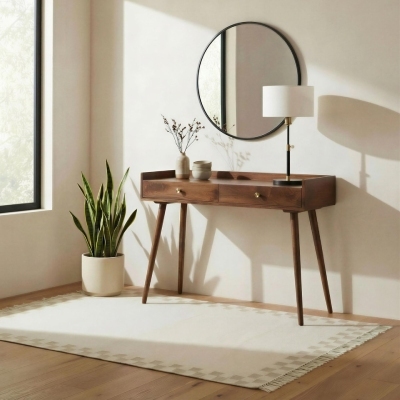 Mid Century Modern style walnut wood console table with 2 drawers, with round mirror above and table lamp