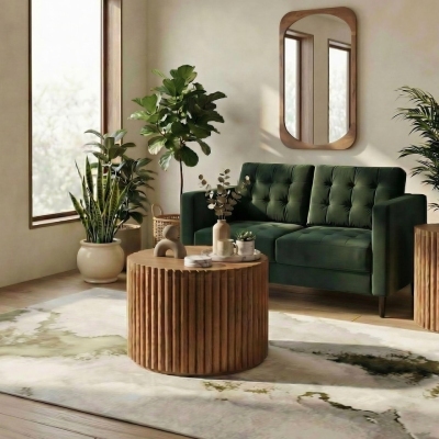 round fluted wood coffee table in front of green velvet sofa with woof framed mirror on wall in contemporary mid-century modern style living room