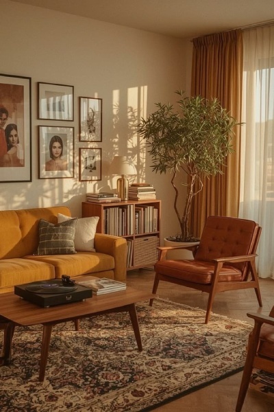 mid century modern living room inspiration from the 1970s with rug, wooden coffee table yellow sofa and orange tan accent chair, with picture gallery wall