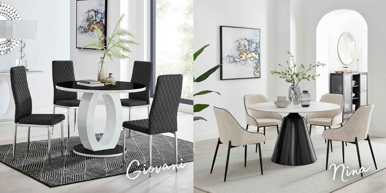 sleek modern high gloss glass and metal round dining tables