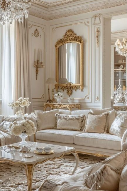 modern Rococo style living room in pastel shades with ornate furniture