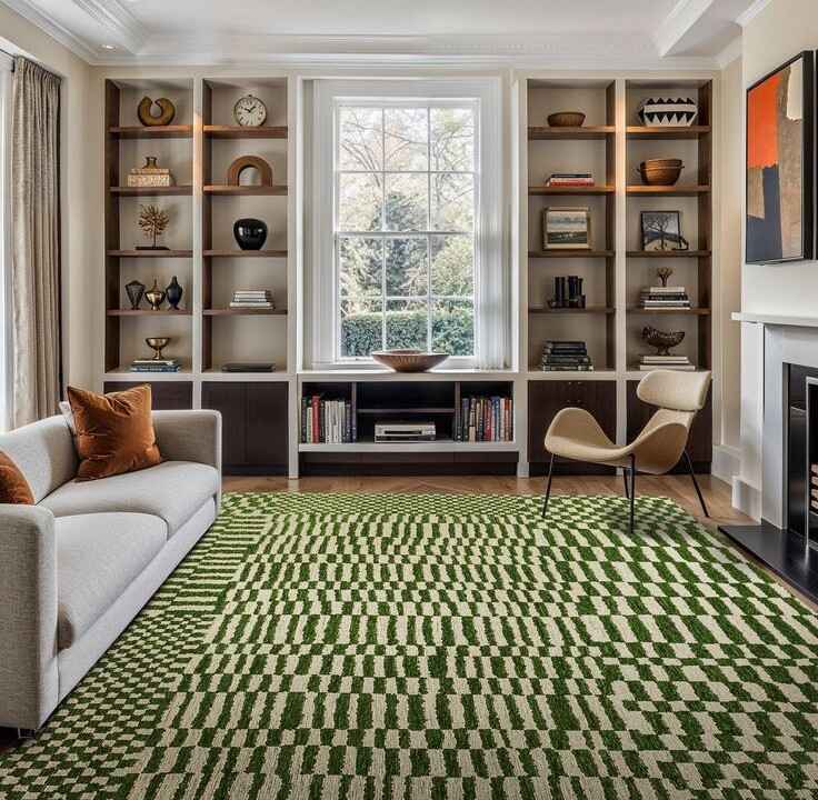 green patterned rug in minimalist living room