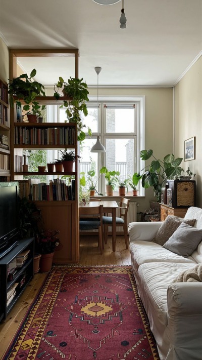 open plan living space split with bookcase, with dining space to back and living space with sofa to front
