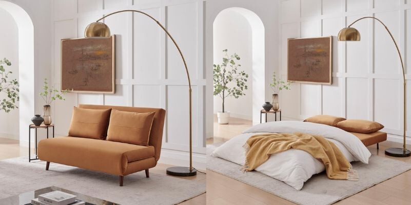 orange velvet double sofa bed shown both folded as sofa and unfolded as bed