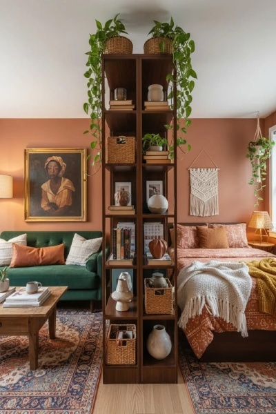 room divider made from book shelves with bedroom space to right and living space with sofa to left