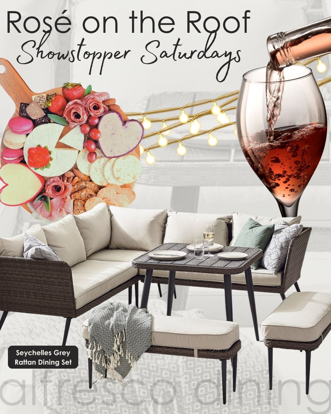 rooftop terrace garden party mood board with grey rattan sofa dining set