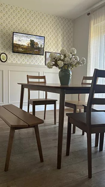 Victorian Edwardian inspired dining room with wooden table, 4 wood dining chairs and wooden dining bench