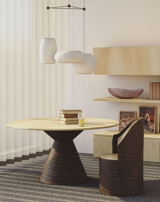 bright dining room space with mid century modern round table, rpunded chair and round pendant lights with shelving 