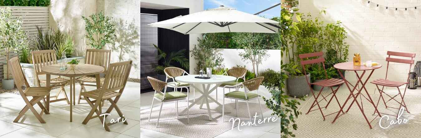round outdoor garden tables in metal and wood