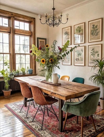 Scandi dining room ideas inspiration featuring wood table with black legs, simple orange and green fabirc chairs and patterned rug, with jug of sunflowers on table
