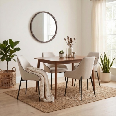 scandi diing room ideas wood table with 4 cream fabric chairs, dressed with chunky throws and on patterned jute rug