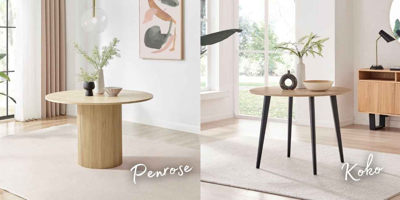 Scandi inspired light wood round dining tables