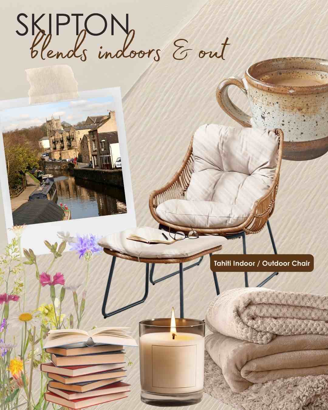 mood board for Skipton, showing Skipton canal, beige rattan chair with footstool, mug, blankets, candle, books and flowers