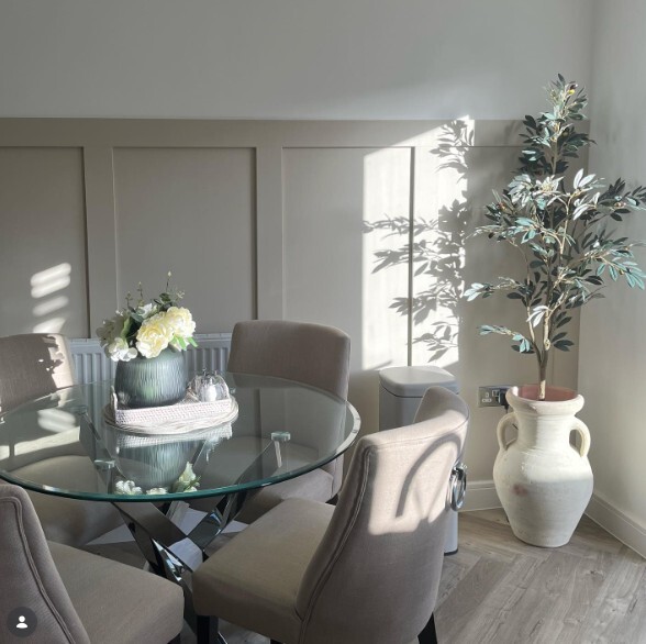 small dining space with round glass dining table and large potted plant