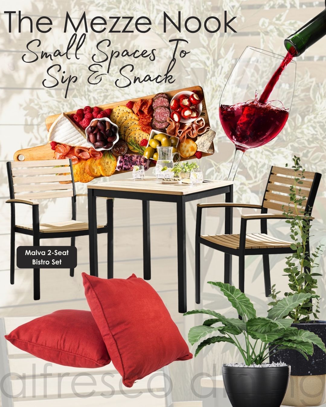 small garden furniture mood board with 2 seat black metal and wood bistro set