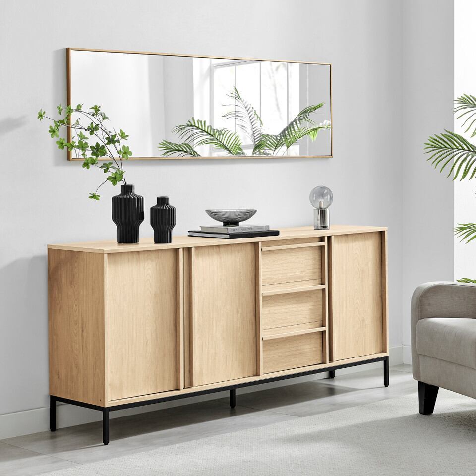 modern minimalist wooden sideboard with 3 drawers and 3 cupboards in bright living room