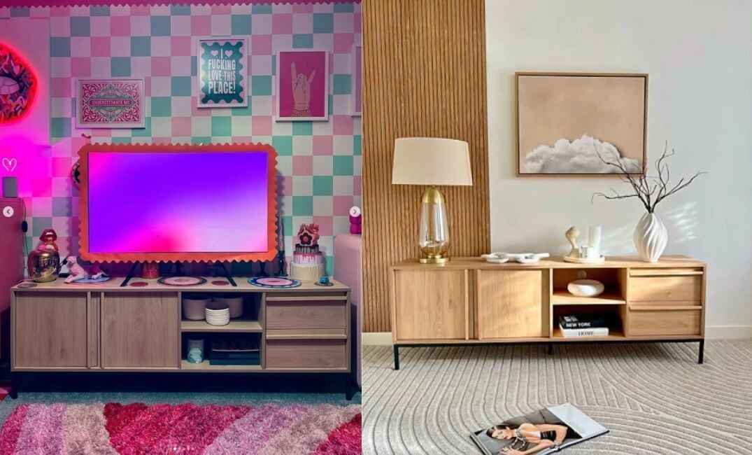 wooden sideboard TV unit styled, on the left, in bold colourful maximalist pink living room and on right, in warm neutrals Scandi style with wood wall pannelling