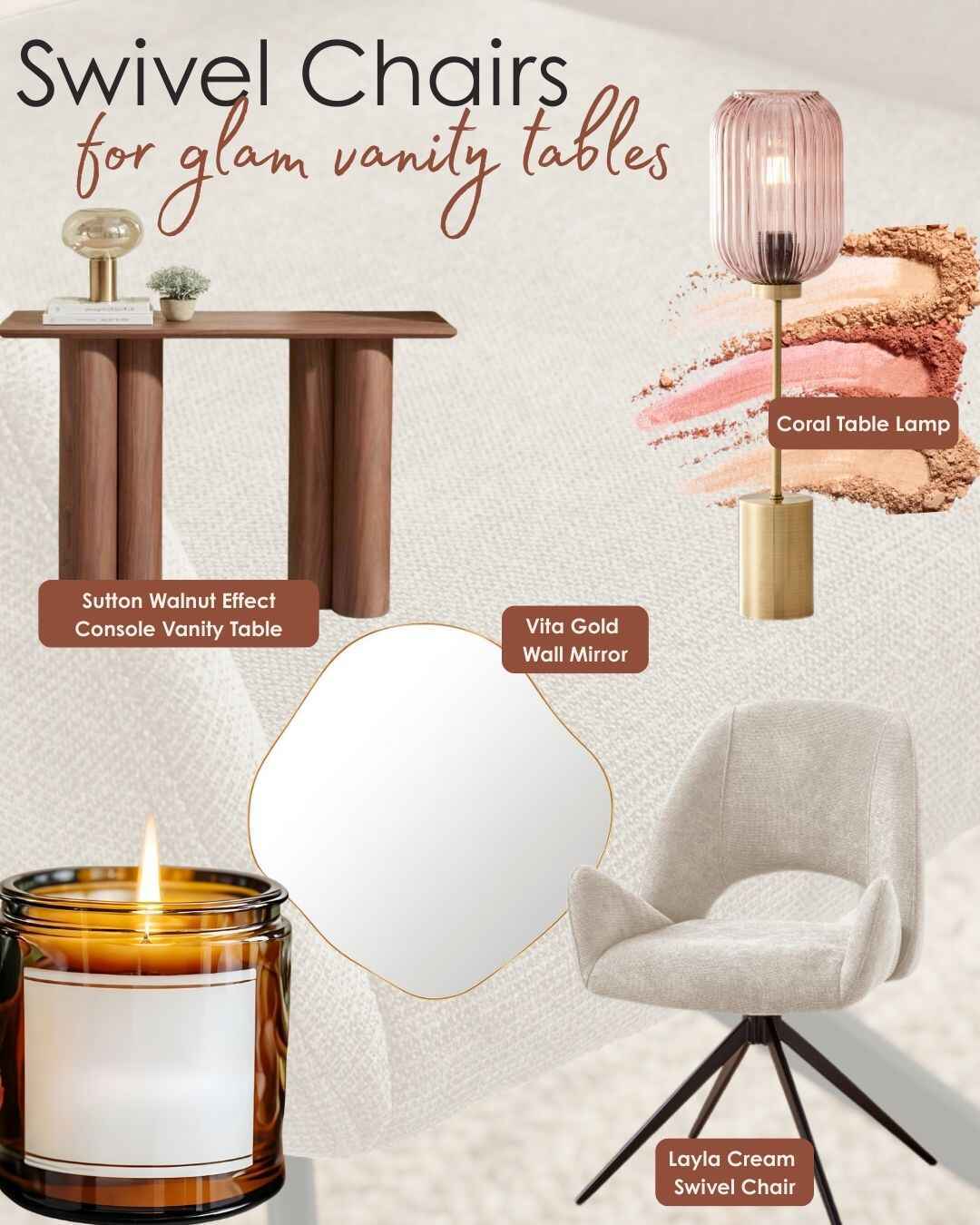 mood board for styling a cream fabric swivel chair for vanity dressing table, wood console table, gold mirror, pink glass lamp