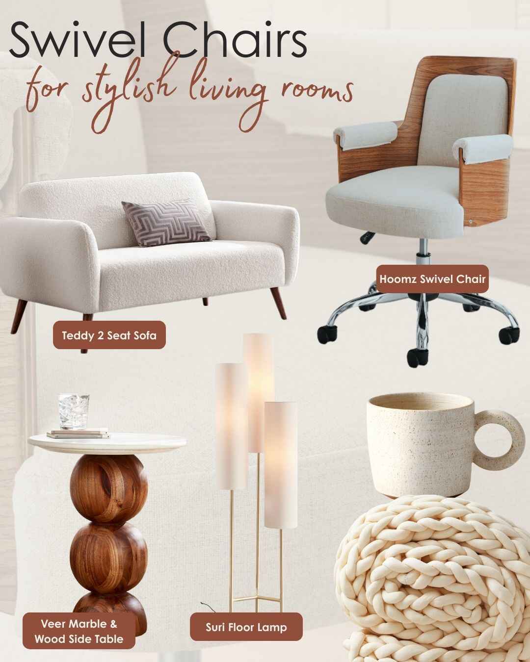mood board scrapbook style for using a swivel chair in a living room, with sofa, lamp, side table