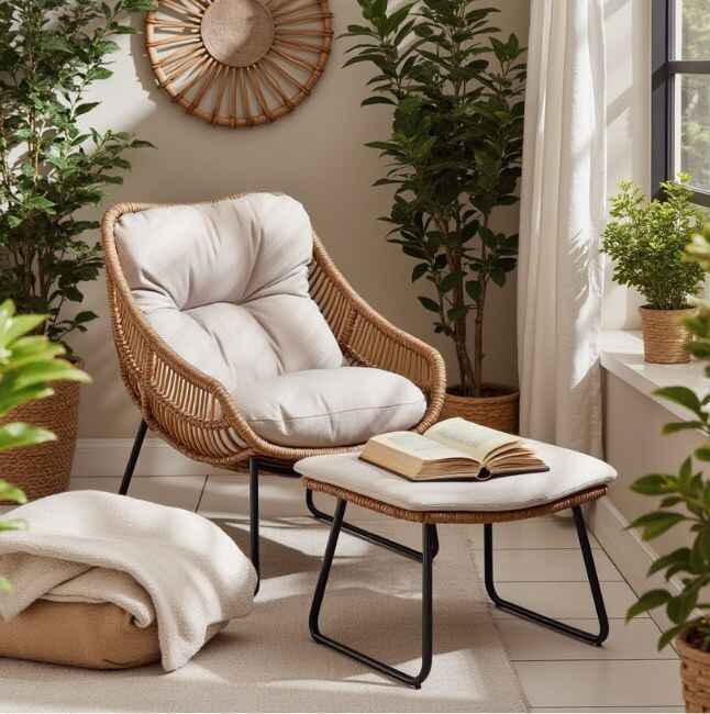 rattan cahir indoors with thick cream cushions and matching footstool, with boho styling and ptted plants