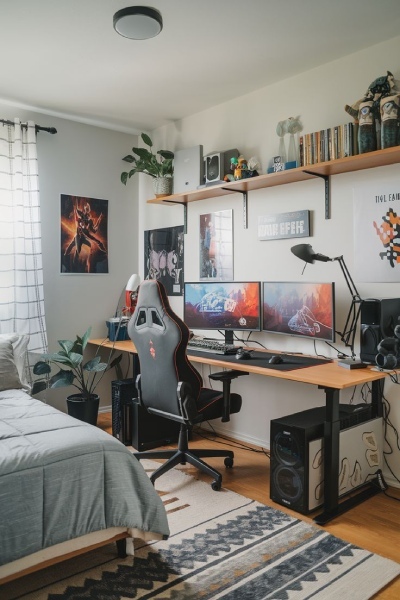 teen bedroom gamin set up inspiration with wooden desk, two monitors, gaming chair and double bed, with shelving