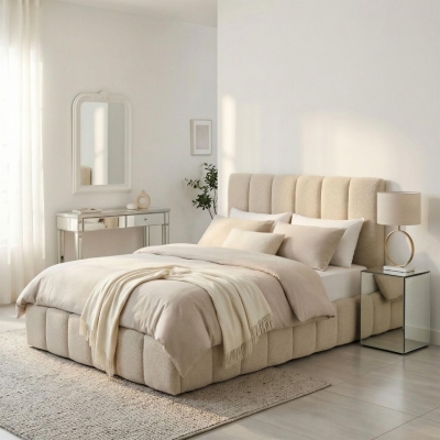 modern Regencycore Bridgerton inspired bedroom - king size beige bed frame with fluted headboard, mirrored bedside tables and console, white scrolled wall mirror
