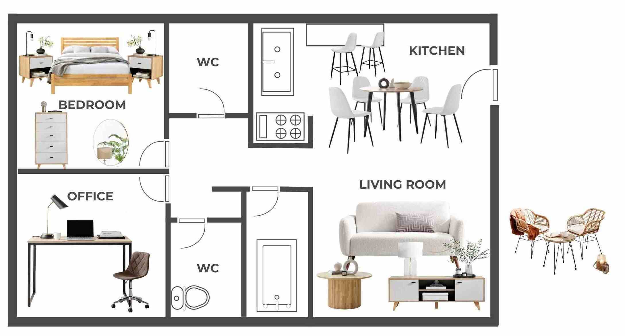 home floor plan for 2 bed house with warm neutrals furniture in each room