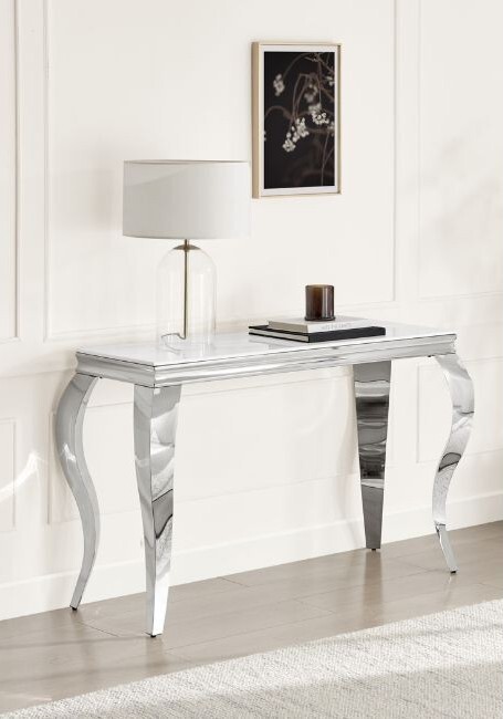 white marble console table with curved sivler legs in Regency Rococo inspired style